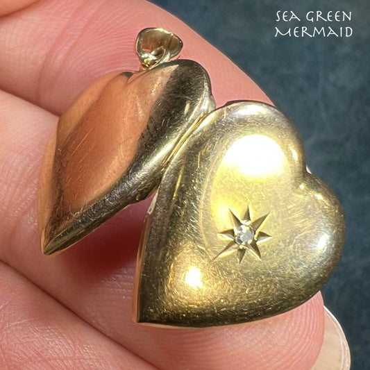 10k Yellow Gold Antique Heart Locket Pendant w Gypsy-Set Diamond. 1"