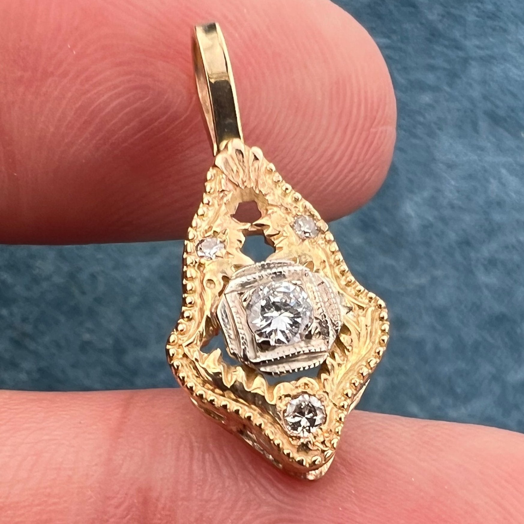 10k Yellow Gold Antique Rose-Cut Diamond Pendant. Small