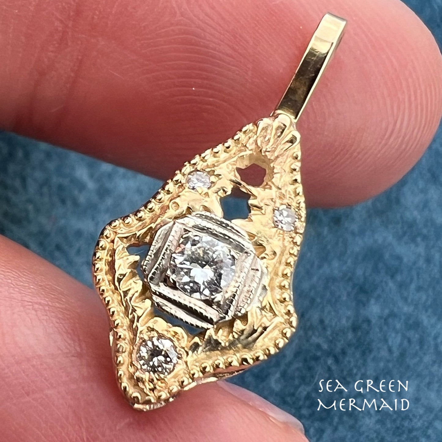 10k Yellow Gold Antique Rose-Cut Diamond Pendant. Small