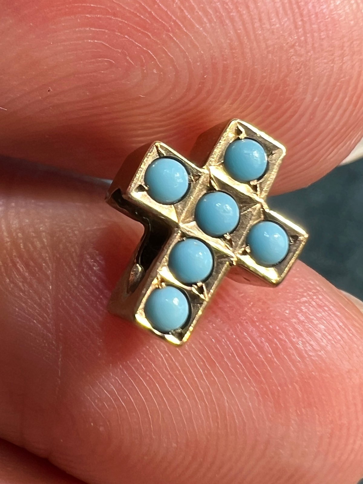 10k Yellow Gold Antique Turquoise Watch Fob Cross Pendant. Tiny!