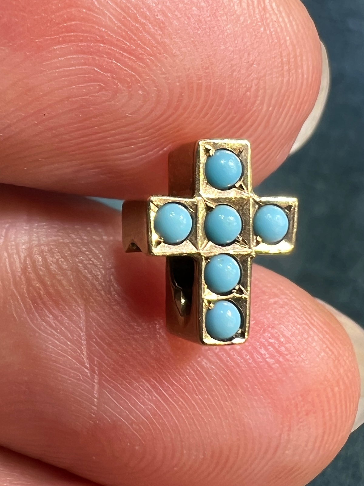 10k Yellow Gold Antique Turquoise Watch Fob Cross Pendant. Tiny!