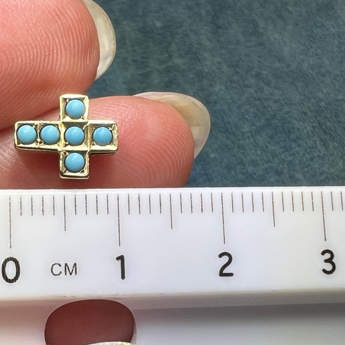 10k Yellow Gold Antique Turquoise Watch Fob Cross Pendant. Tiny!