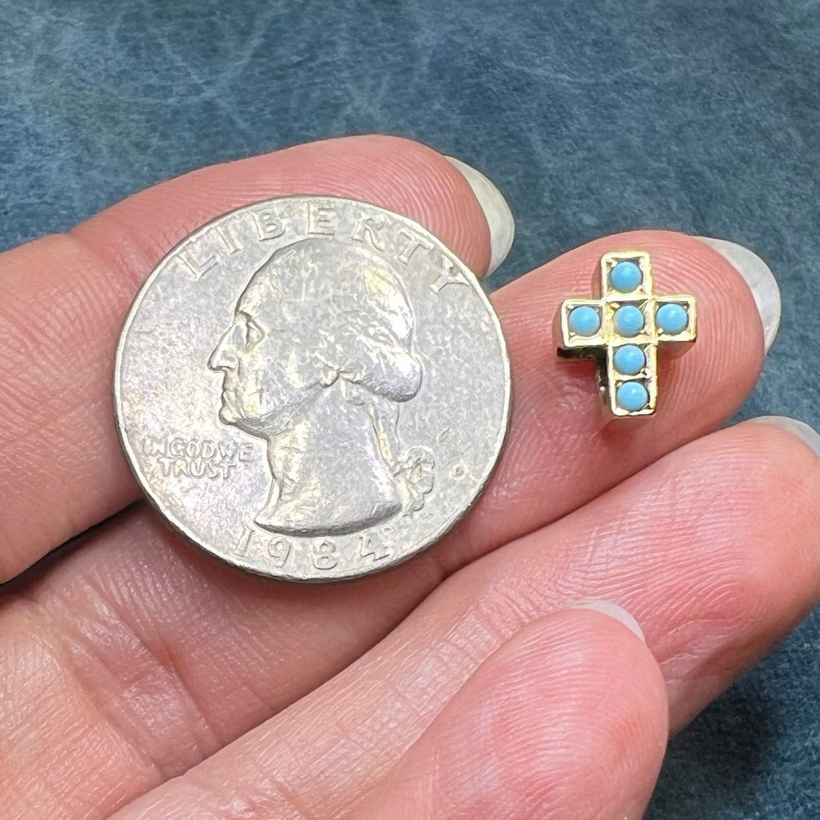 10k Yellow Gold Antique Turquoise Watch Fob Cross Pendant. Tiny!