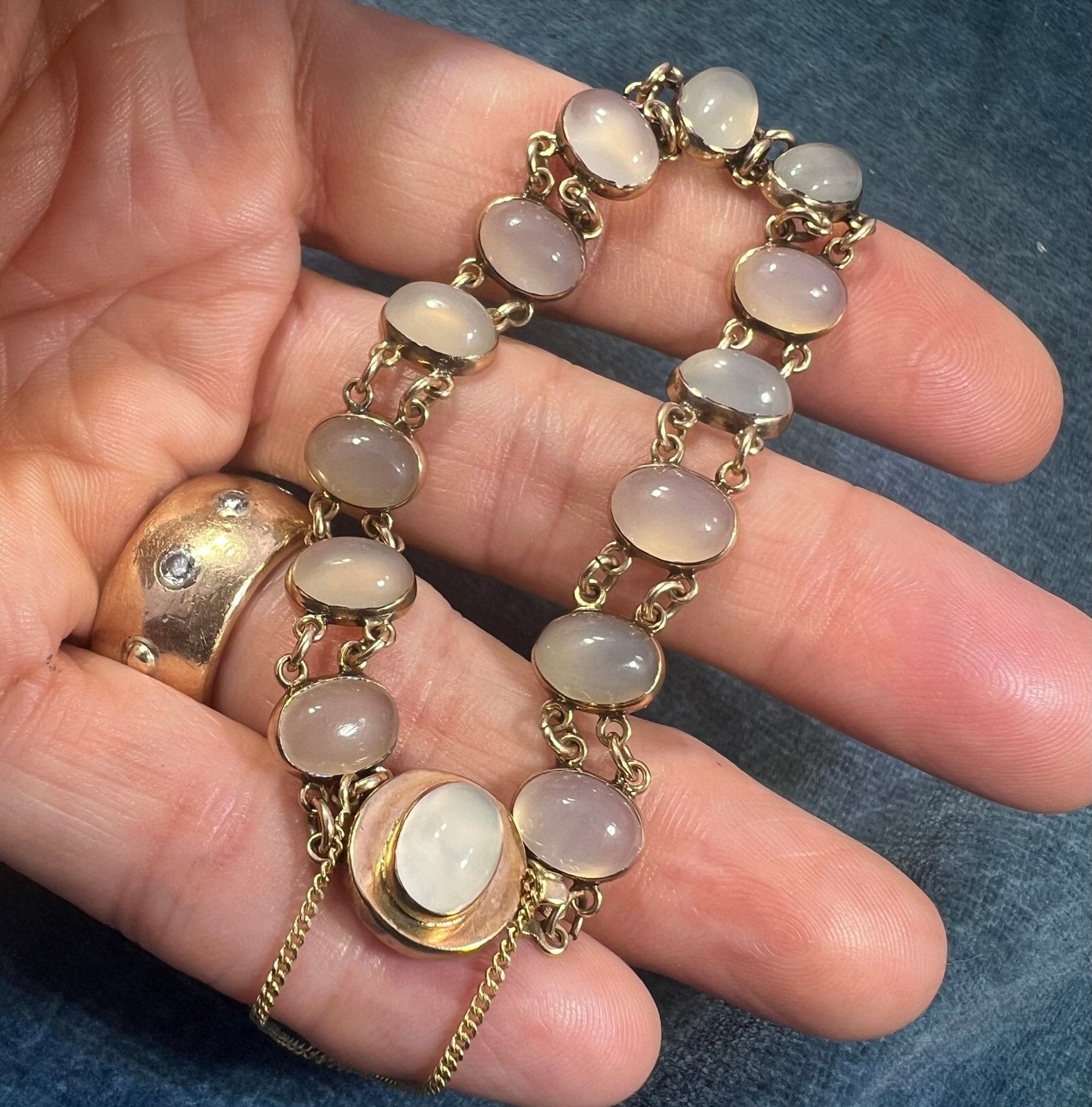 10k Yellow Gold Art Deco Cabochon Gem Bracelet. 12g *Video*