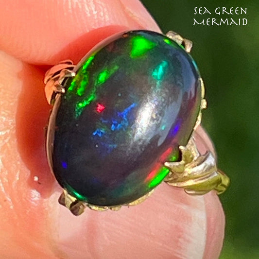 10k Yellow Gold Australian Black Opal Antique Ring *Video*