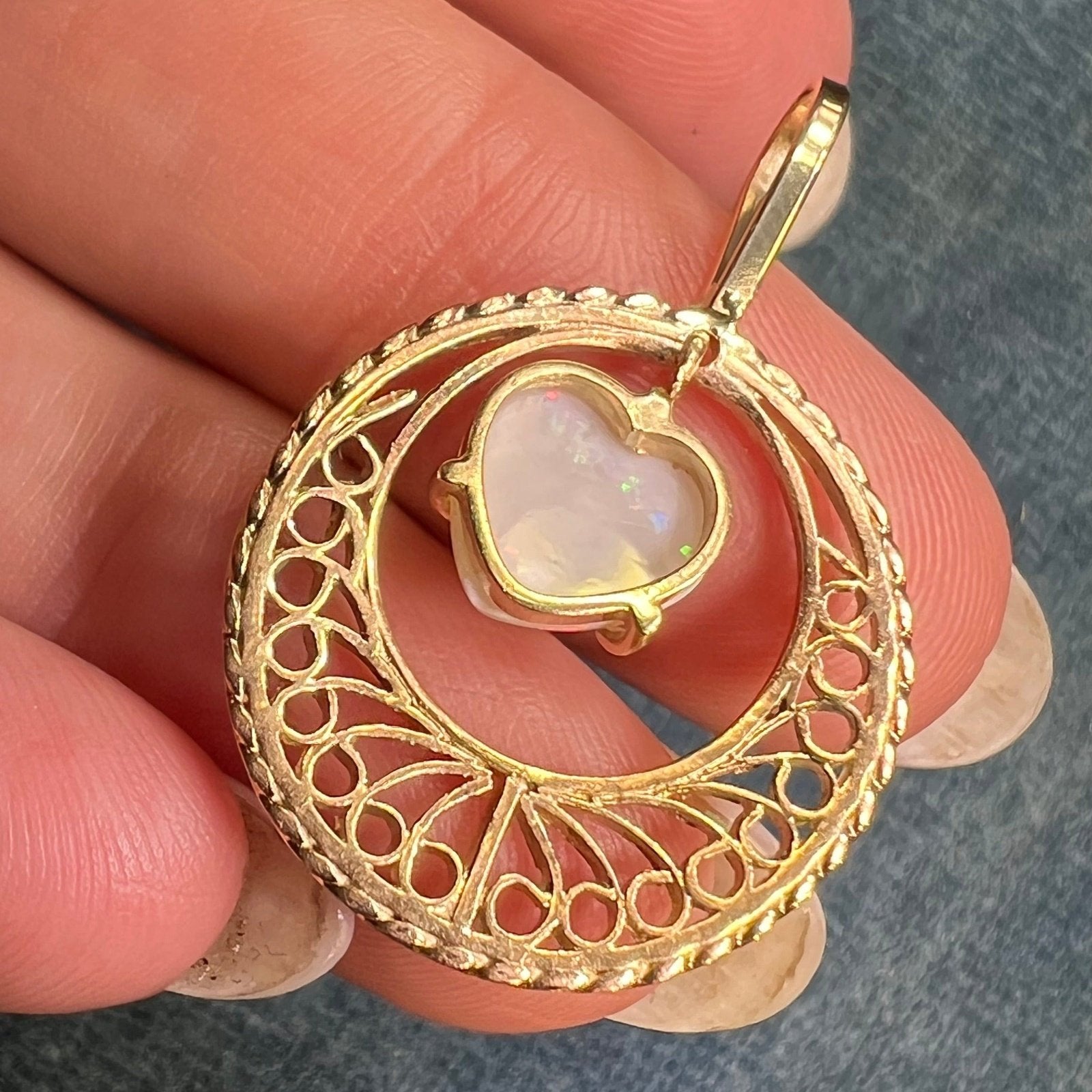 10k Yellow Gold Australian Opal Heart Dangle Hoop Pendant *Video* NC