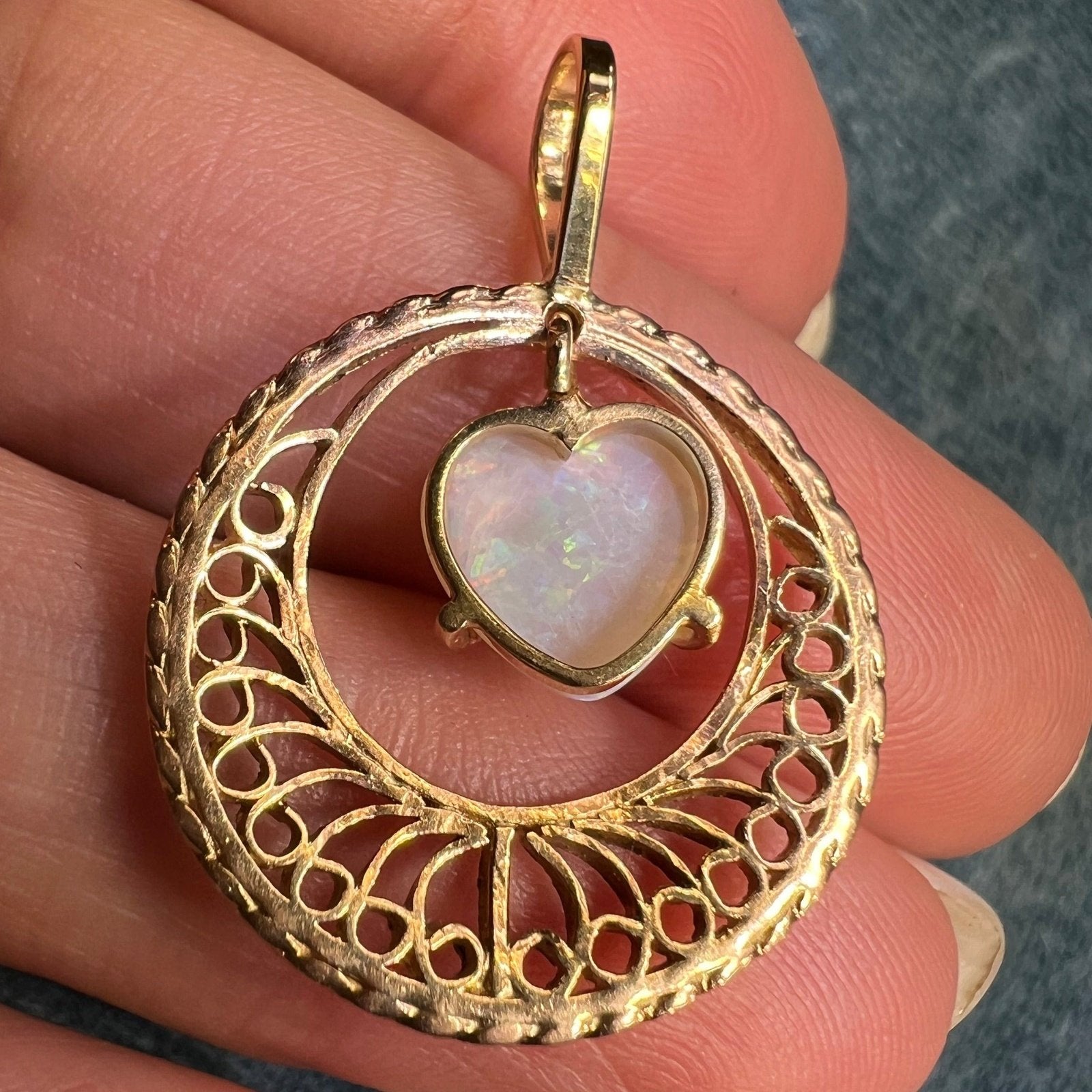 10k Yellow Gold Australian Opal Heart Dangle Hoop Pendant *Video* C