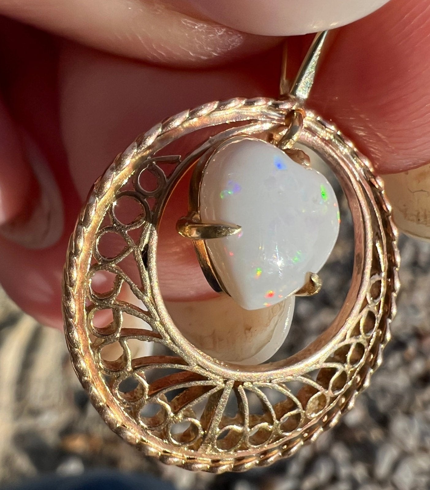 10k Yellow Gold Australian Opal Heart Dangle Hoop Pendant *Video* NC