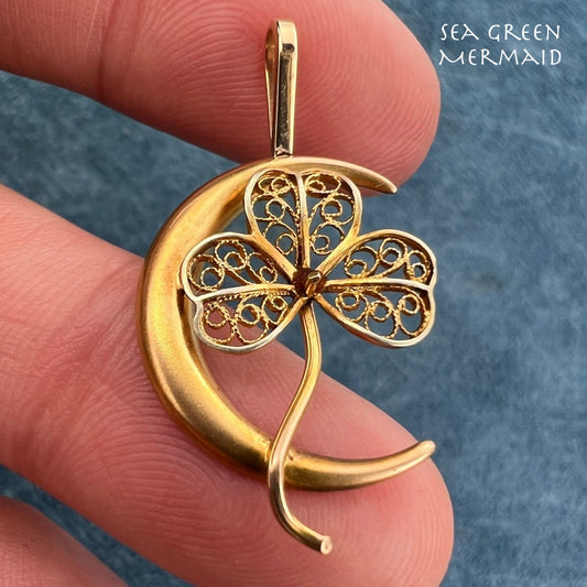 10k Yellow Gold Crescent Moon + Clover Pendant. Victorian