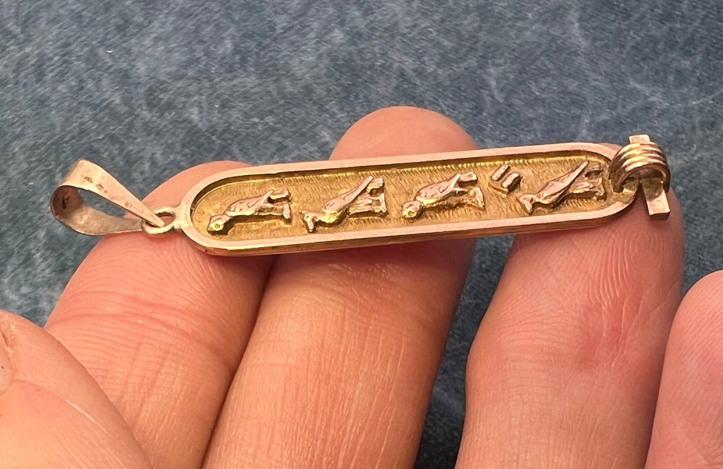 10k Yellow Gold Egyptian Cartouche Pendant. Bird Theme