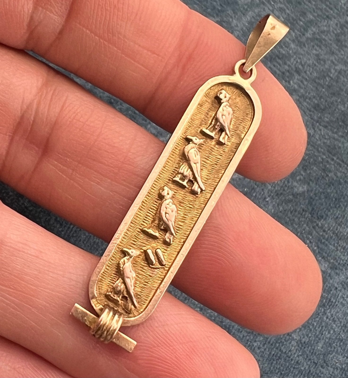 10k Yellow Gold Egyptian Cartouche Pendant. Bird Theme