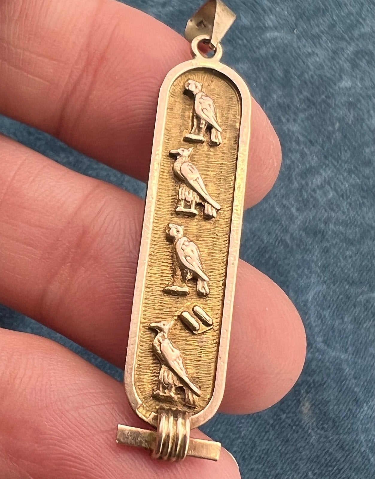 10k Yellow Gold Egyptian Cartouche Pendant. Bird Theme