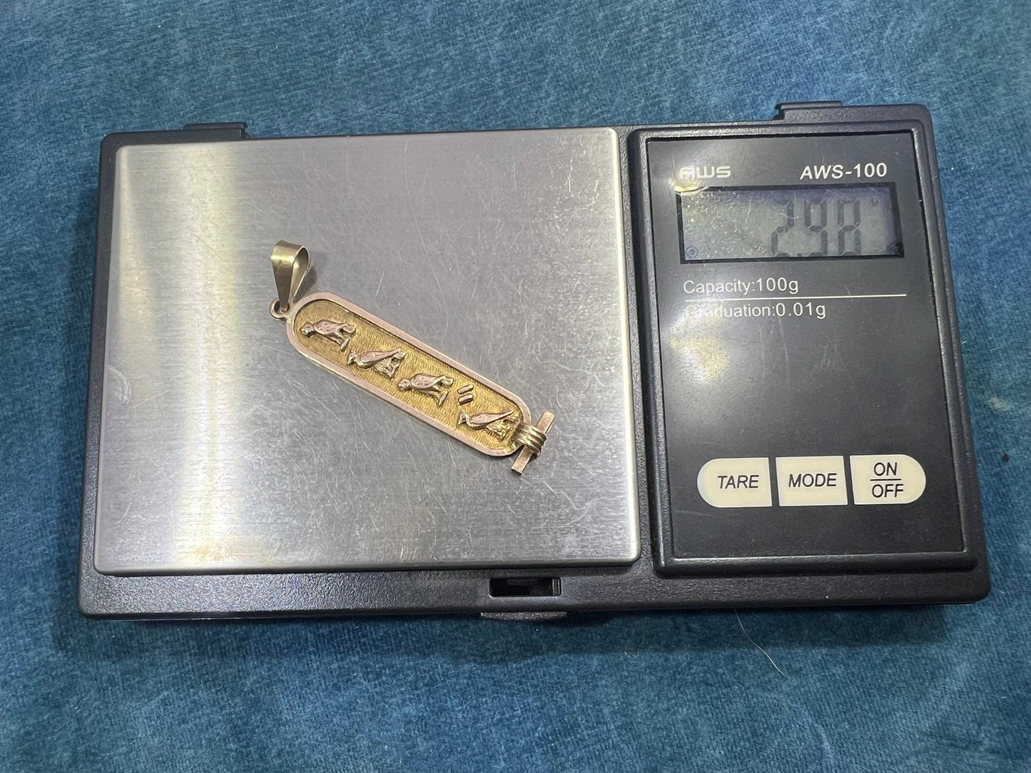 10k Yellow Gold Egyptian Cartouche Pendant. Bird Theme