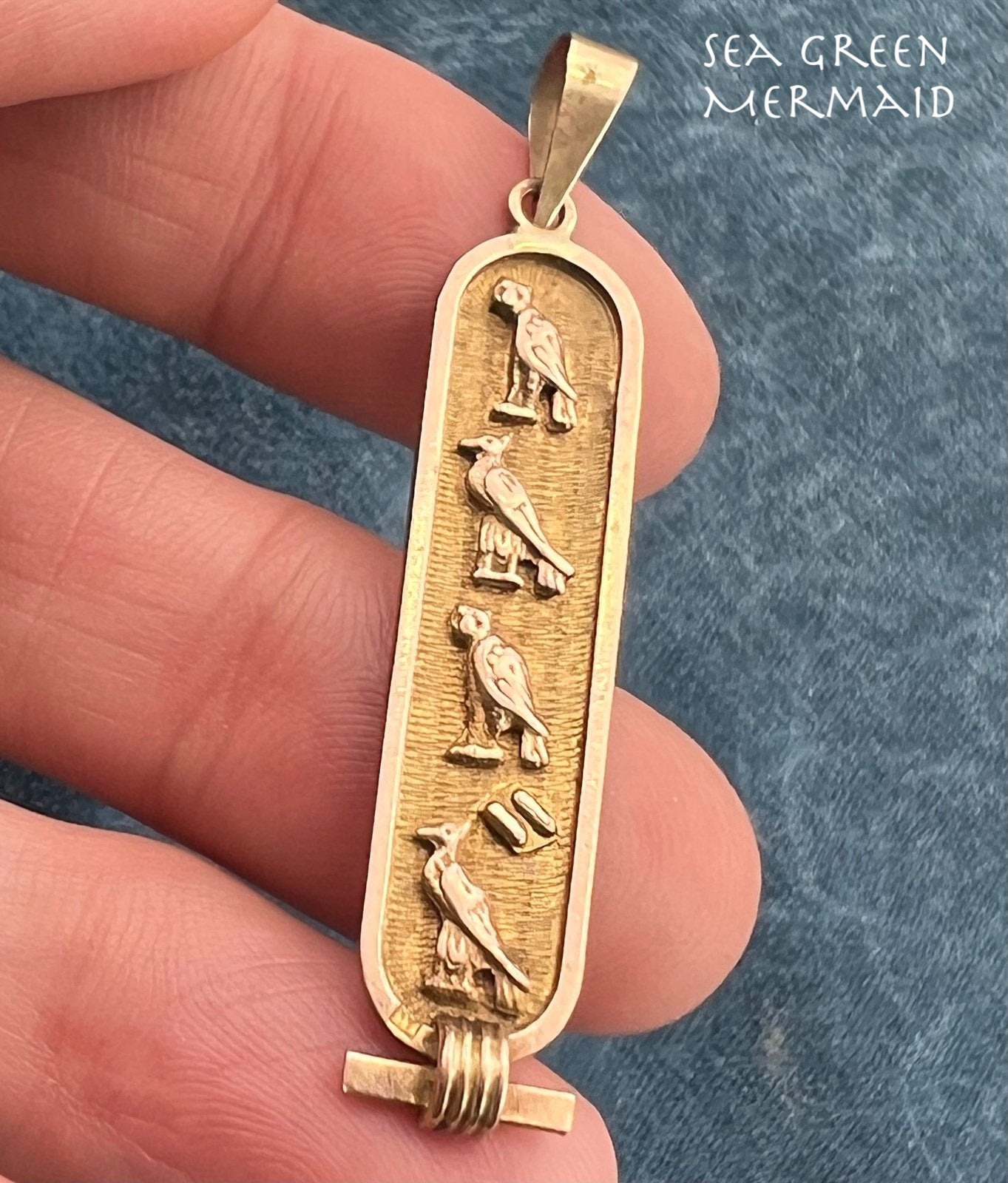 10k Yellow Gold Egyptian Cartouche Pendant. Bird Theme