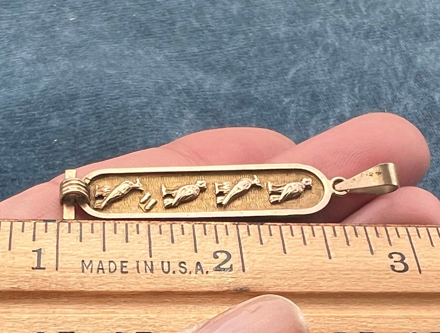 10k Yellow Gold Egyptian Cartouche Pendant. Bird Theme