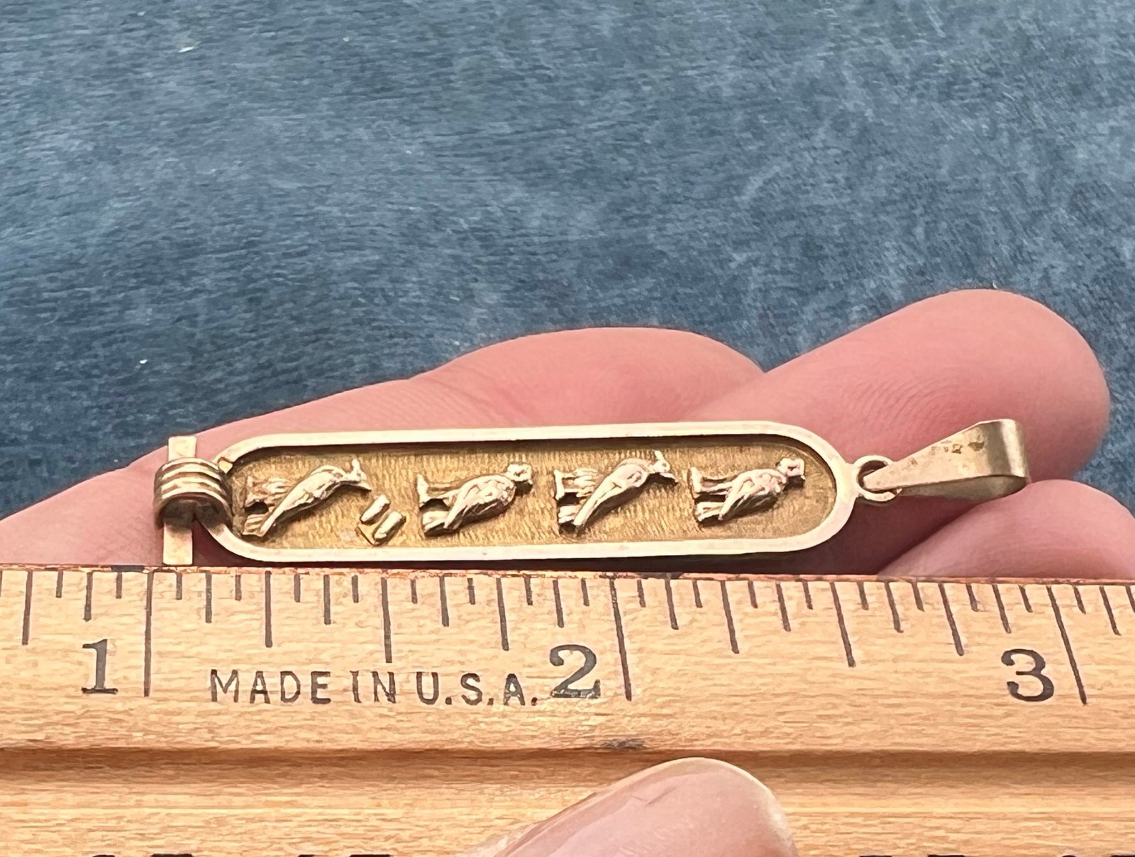 10k Yellow Gold Egyptian Cartouche Pendant. Bird Theme