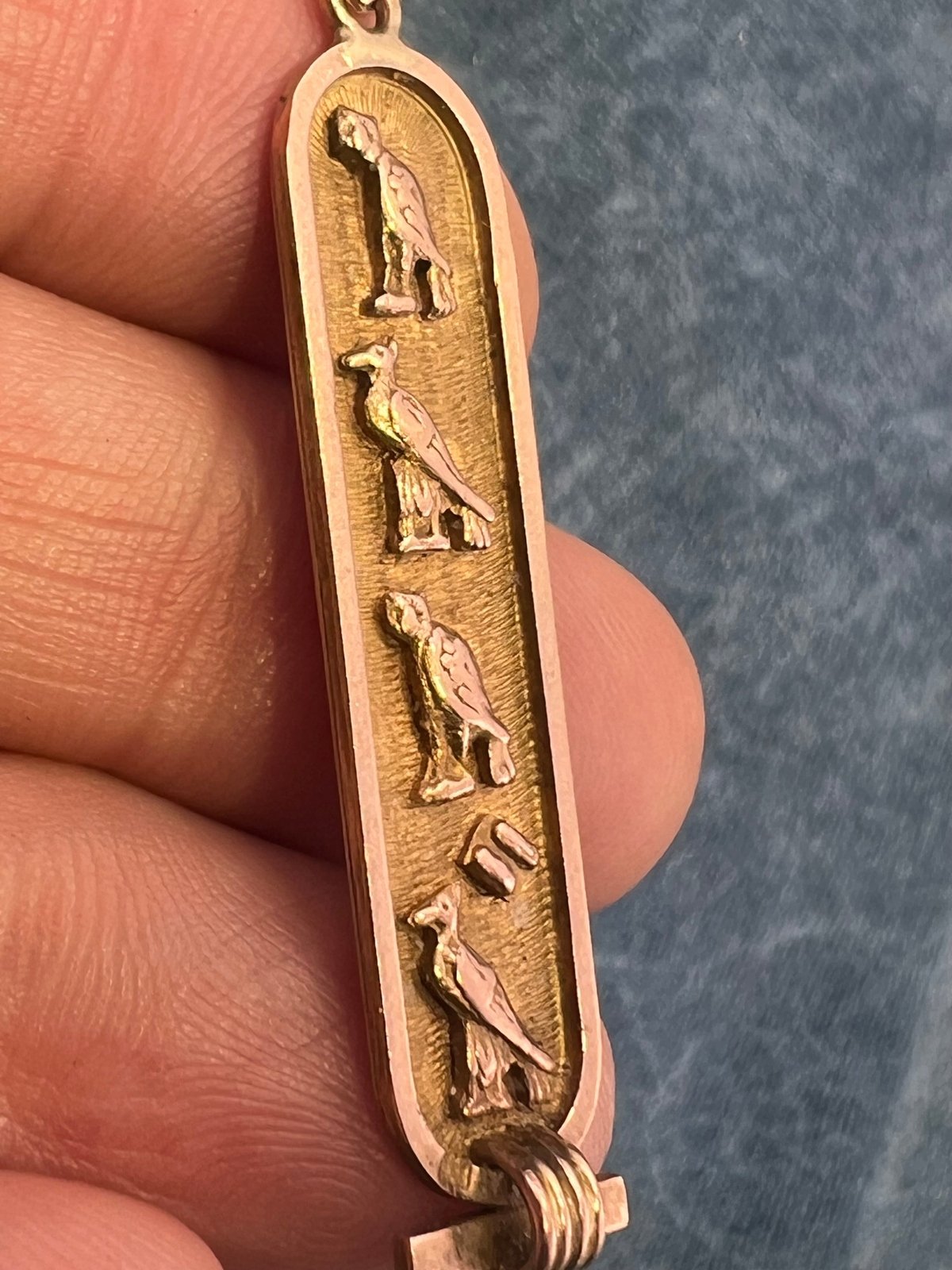10k Yellow Gold Egyptian Cartouche Pendant. Bird Theme