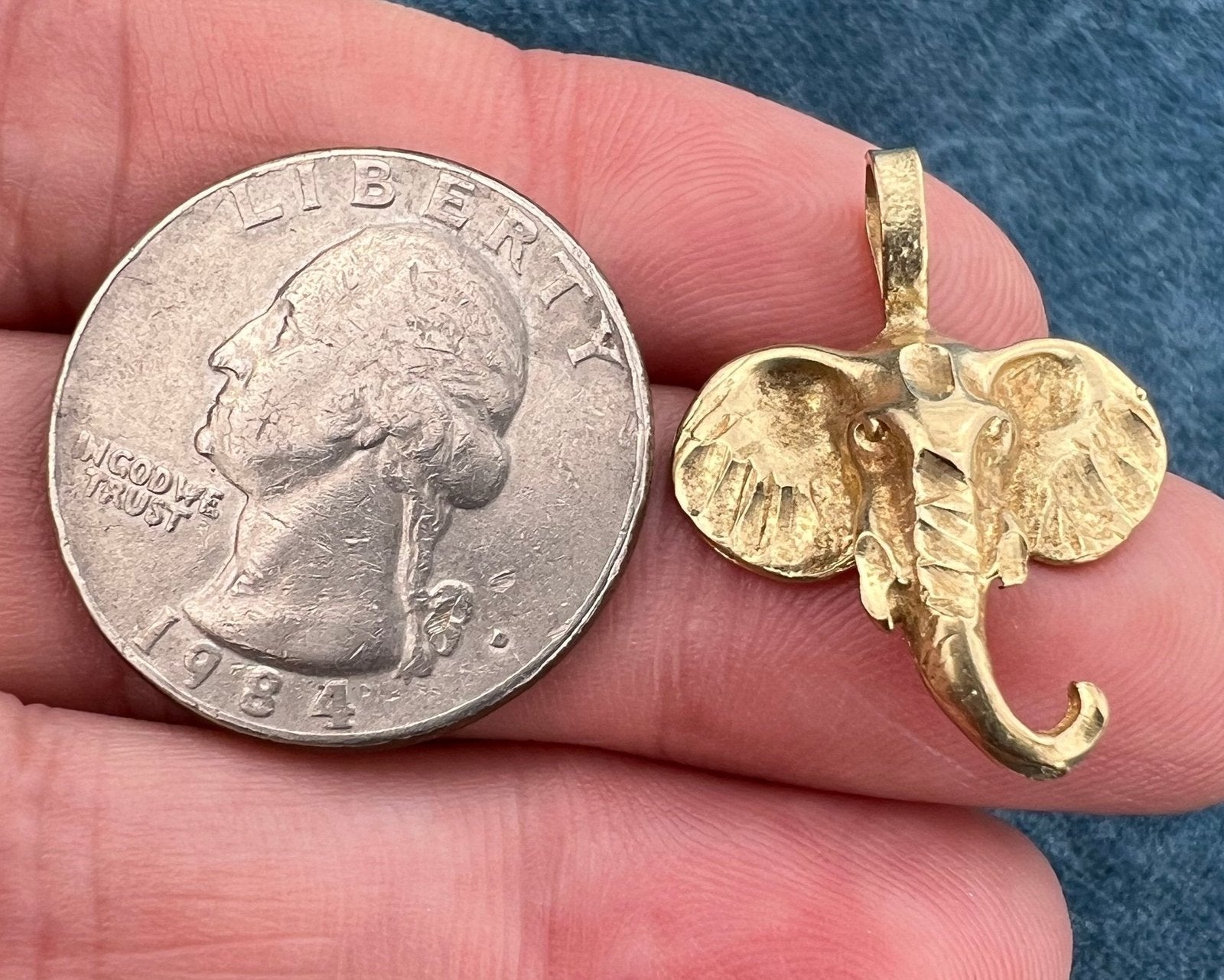 10k Yellow Gold Elephant Head Pendant. 3-D + Solid