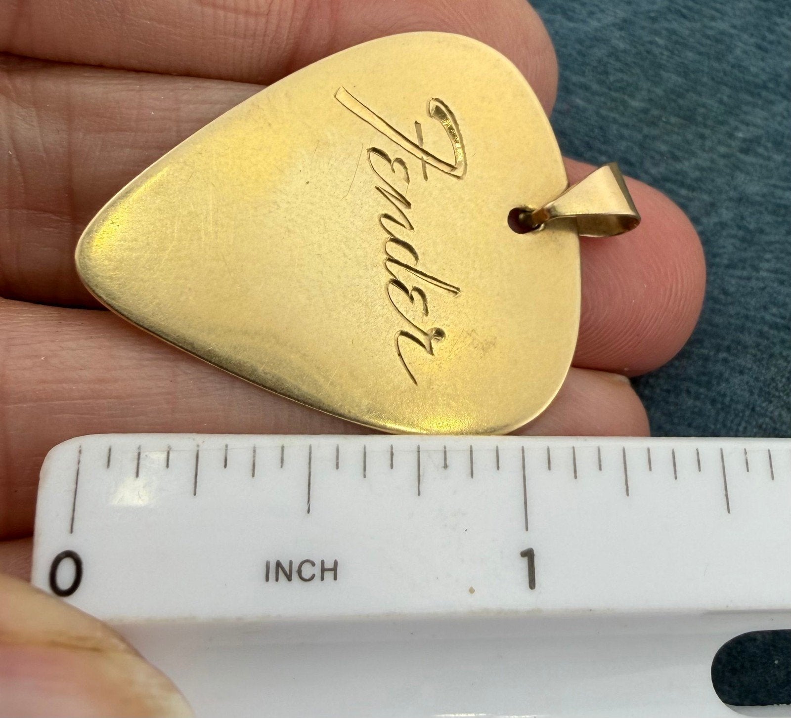 10k Yellow Gold Engraved GUITAR PICK Pendant. Fender 1.4" + 4.6g