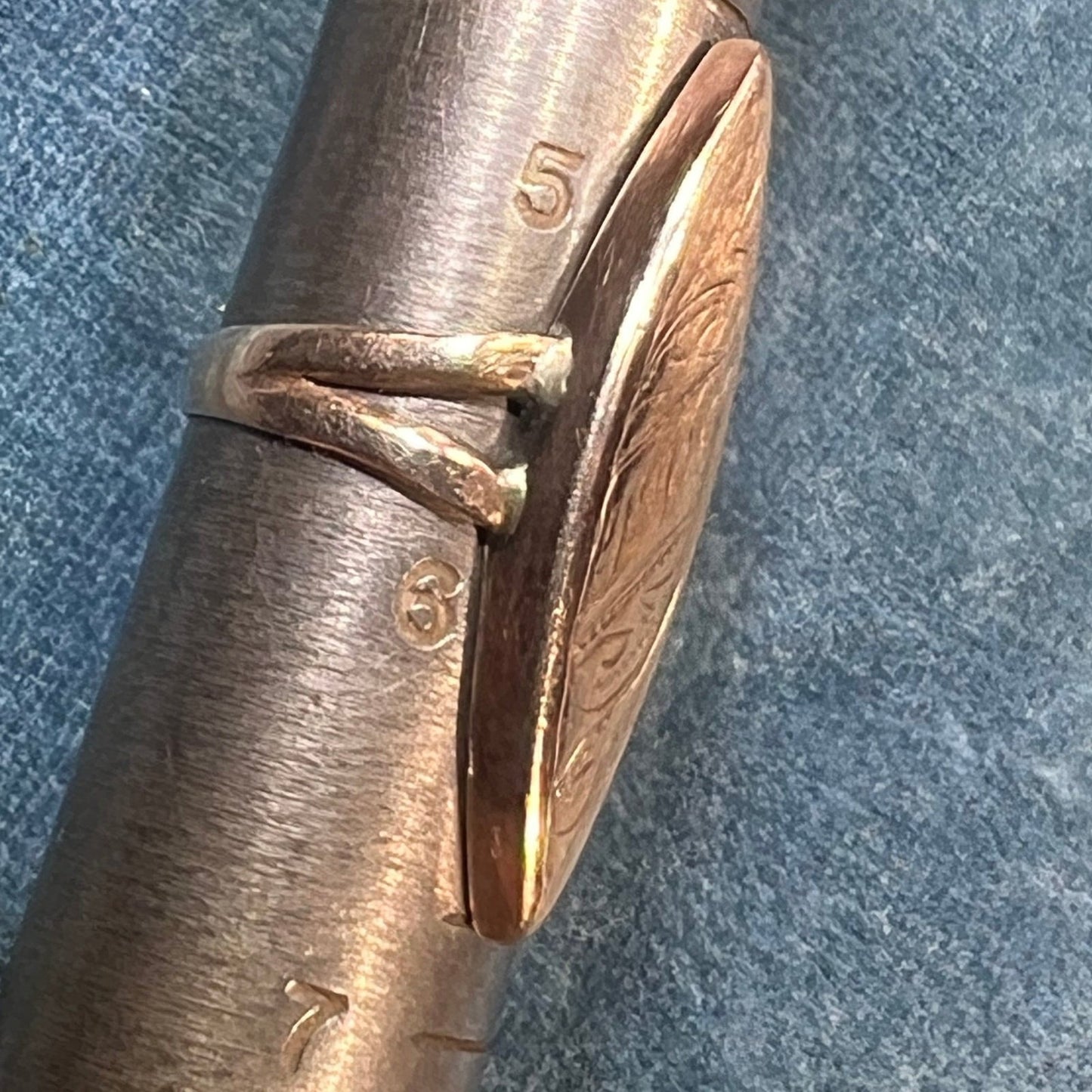 10k Yellow Gold Engraved Victorian Navette Ring. 1.25"