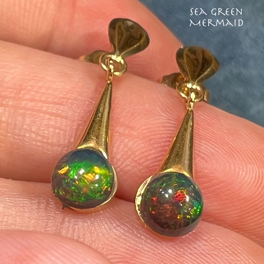 10k Yellow Gold Ethiopian Black Jelly Opal Dangle Earrings **Video**