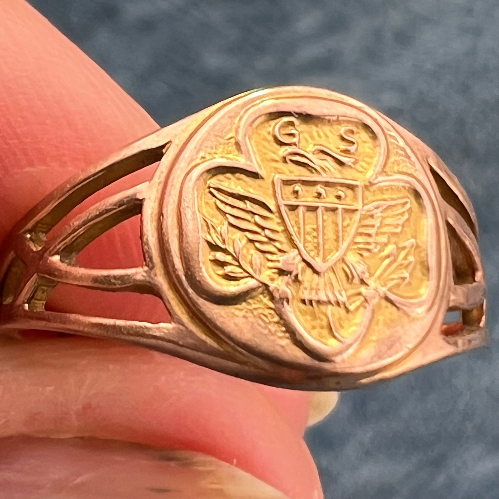 10k Yellow Gold GIRL SCOUT Trefoil Deco Signet Ring. Ostby Barton *Rare*