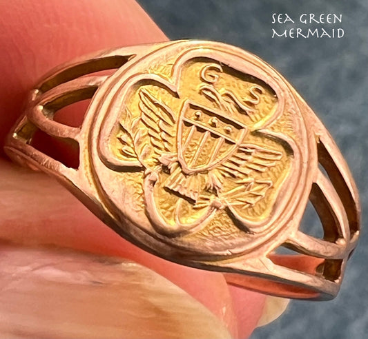 10k Yellow Gold GIRL SCOUT Trefoil Deco Signet Ring. Ostby Barton *Rare*