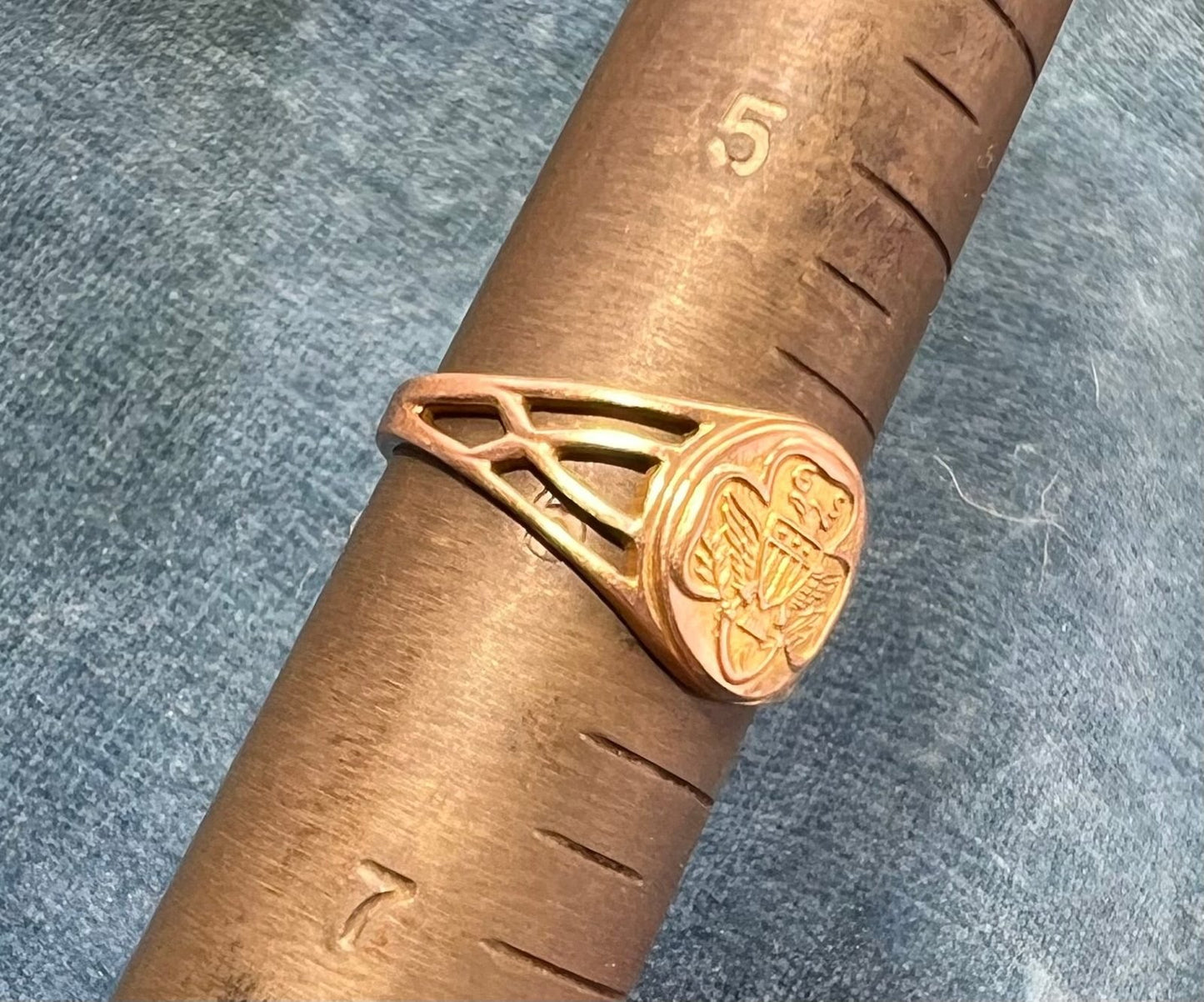 10k Yellow Gold GIRL SCOUT Trefoil Deco Signet Ring. Ostby Barton *Rare*