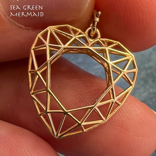 10k Yellow Gold Geometric 3-D Heart Pendant. Spiderweb