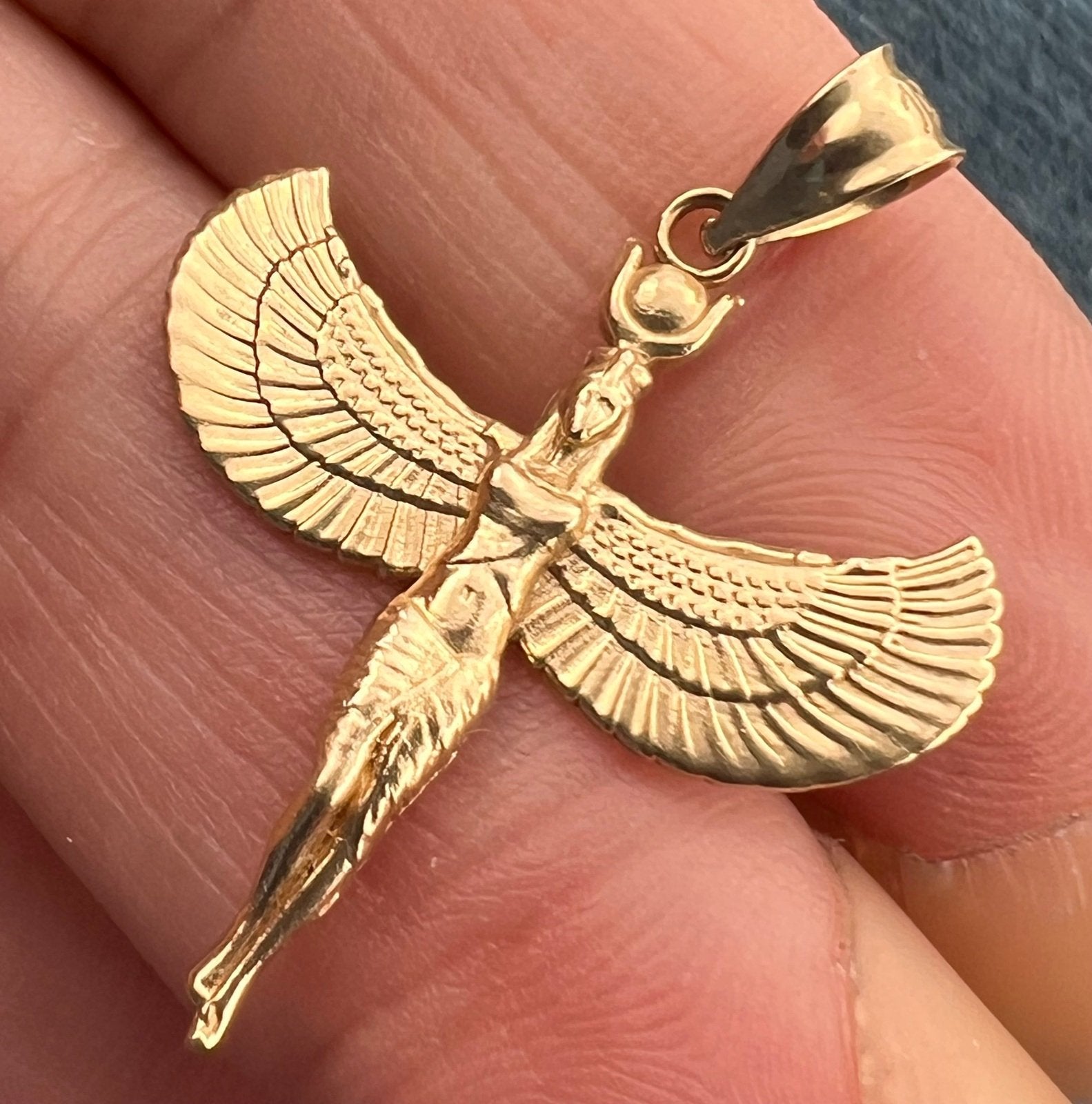 10k Yellow Gold ISIS Pendant. Egyptian Goddess of Healing + Magic. 1.2"