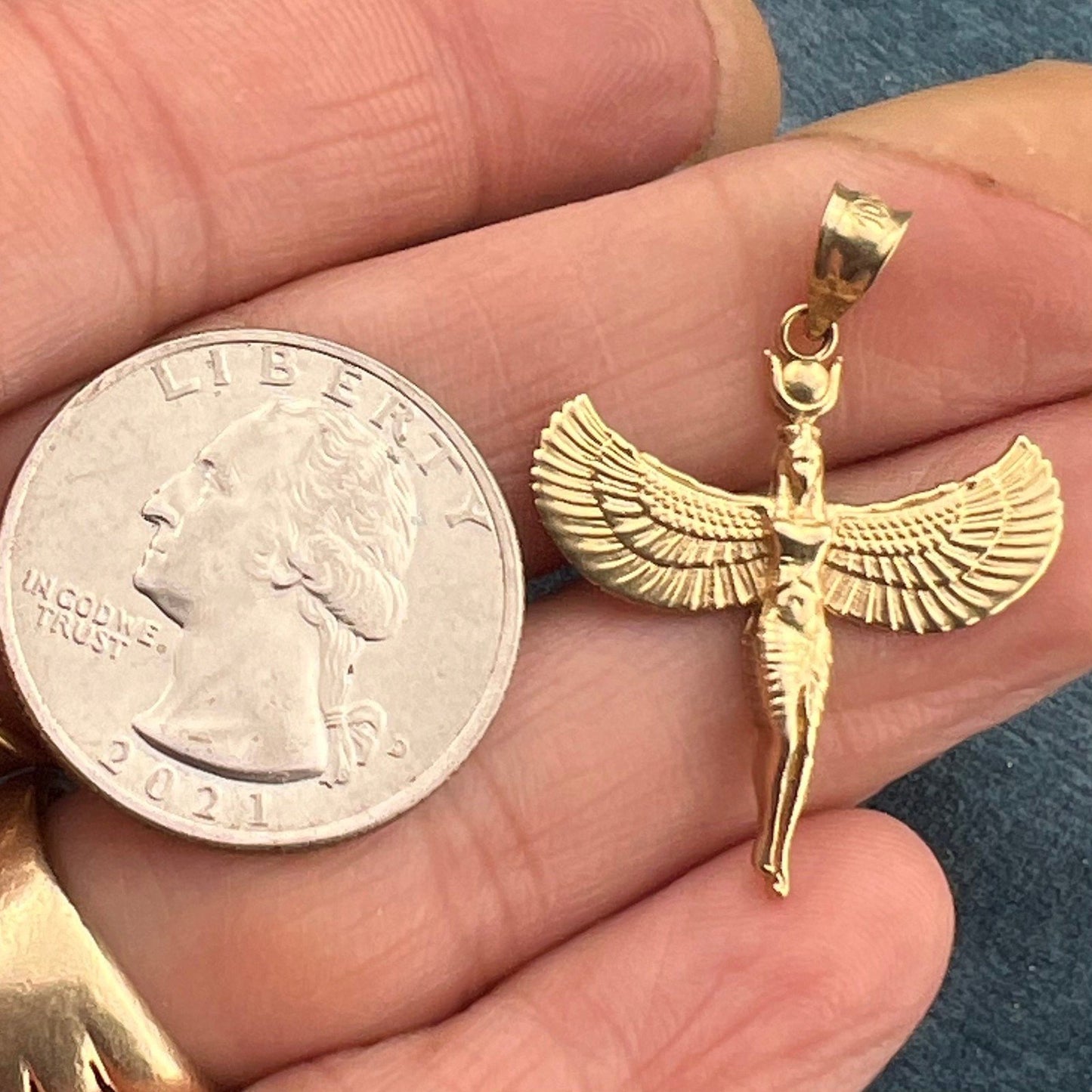 10k Yellow Gold ISIS Pendant. Egyptian Goddess of Healing + Magic. 1.2"