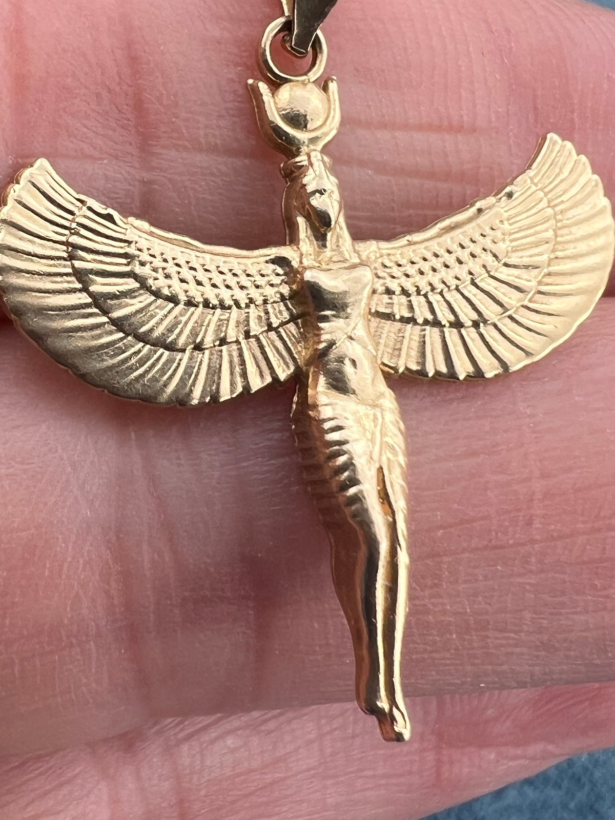 10k Yellow Gold ISIS Pendant. Egyptian Goddess of Healing + Magic. 1.2"