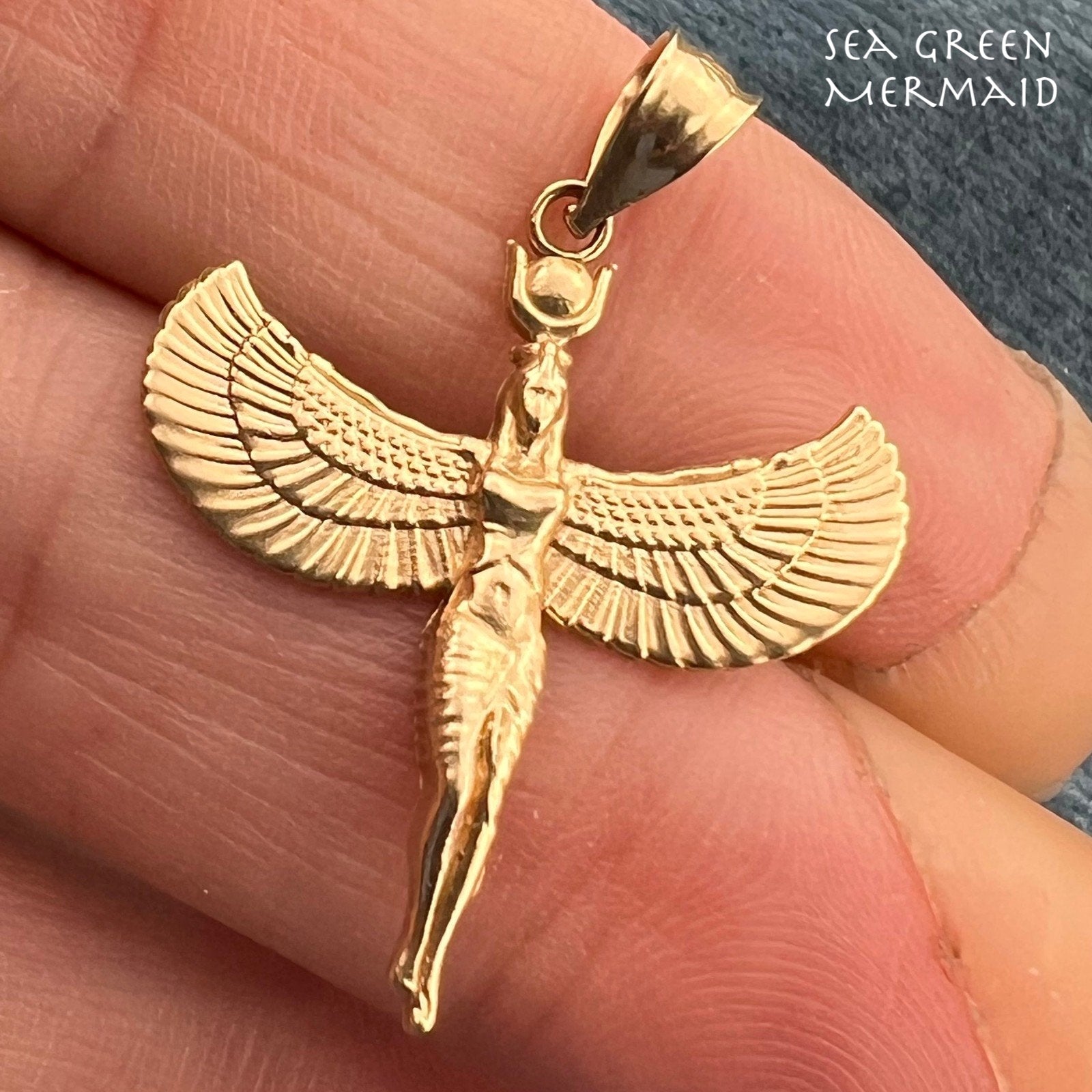 10k Yellow Gold ISIS Pendant. Egyptian Goddess of Healing + Magic. 1.2"