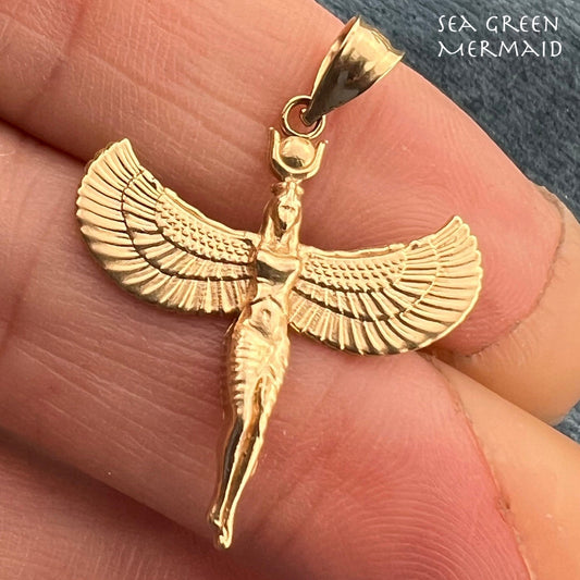 10k Yellow Gold ISIS Pendant. Egyptian Goddess of Healing + Magic. 1.2"