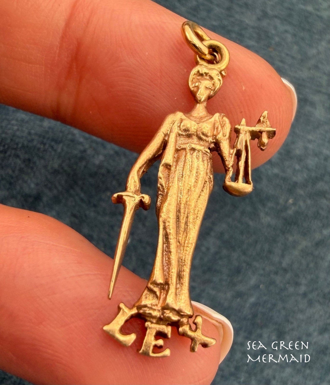 10k Yellow Gold Lady JUSTICE Pendant w Sword + Scales. LEX = Law 3.5g + 1.2"