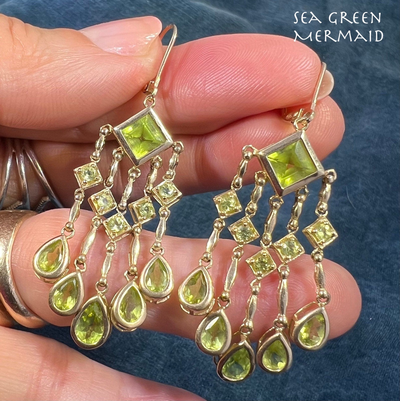 10k Yellow Gold Lime Peridot Teardrop Chandelier Leverback Earrings. 2" + 7.7g