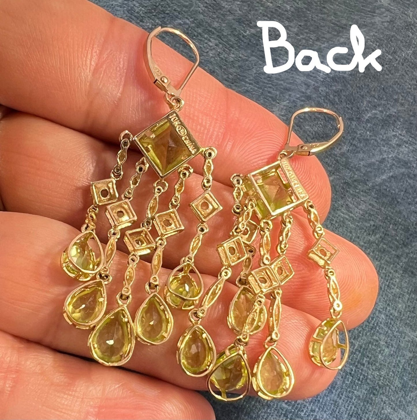 10k Yellow Gold Lime Peridot Teardrop Chandelier Leverback Earrings. 2" + 7.7g