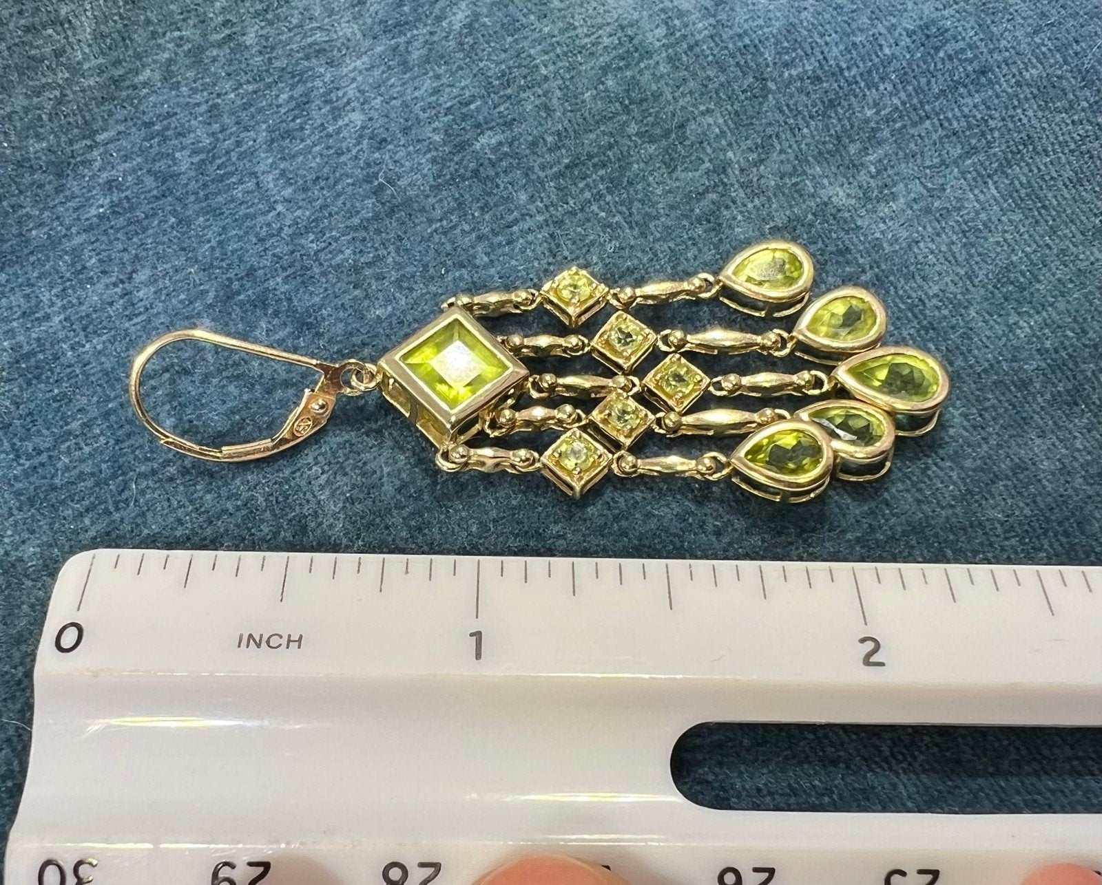 10k Yellow Gold Lime Peridot Teardrop Chandelier Leverback Earrings. 2" + 7.7g