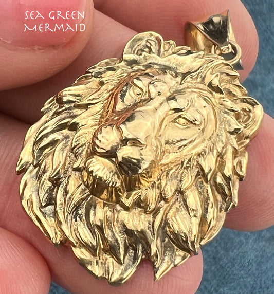 10k Yellow Gold Lion's Head Pendant. Large 1.5"