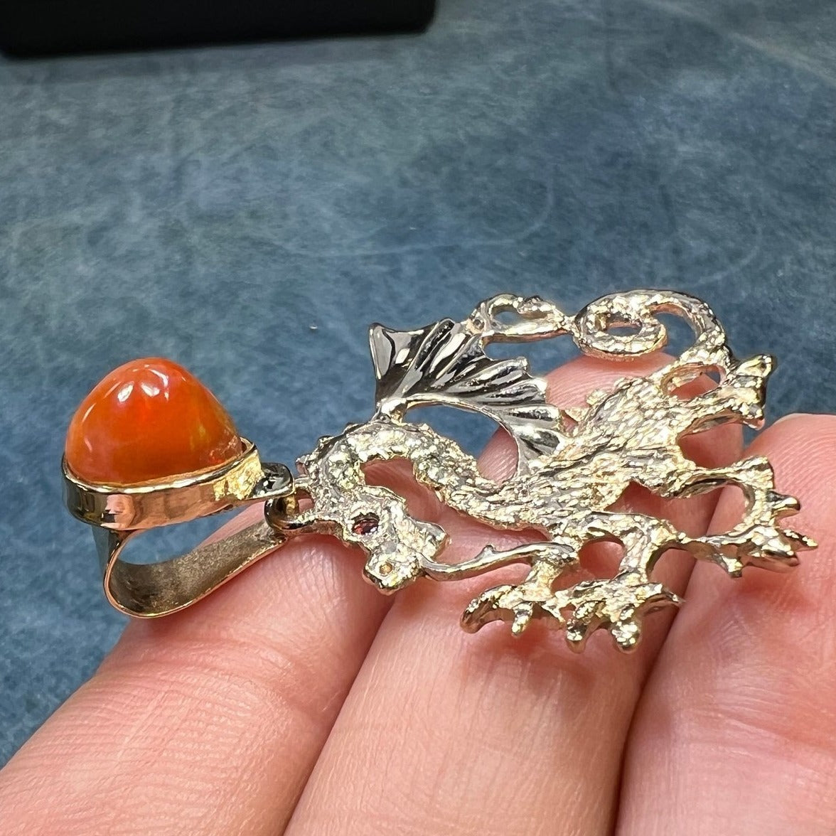 10k Yellow Gold Mexican Fire Opal "DRAGON" Pendant. 1.5" + 9g *Video*