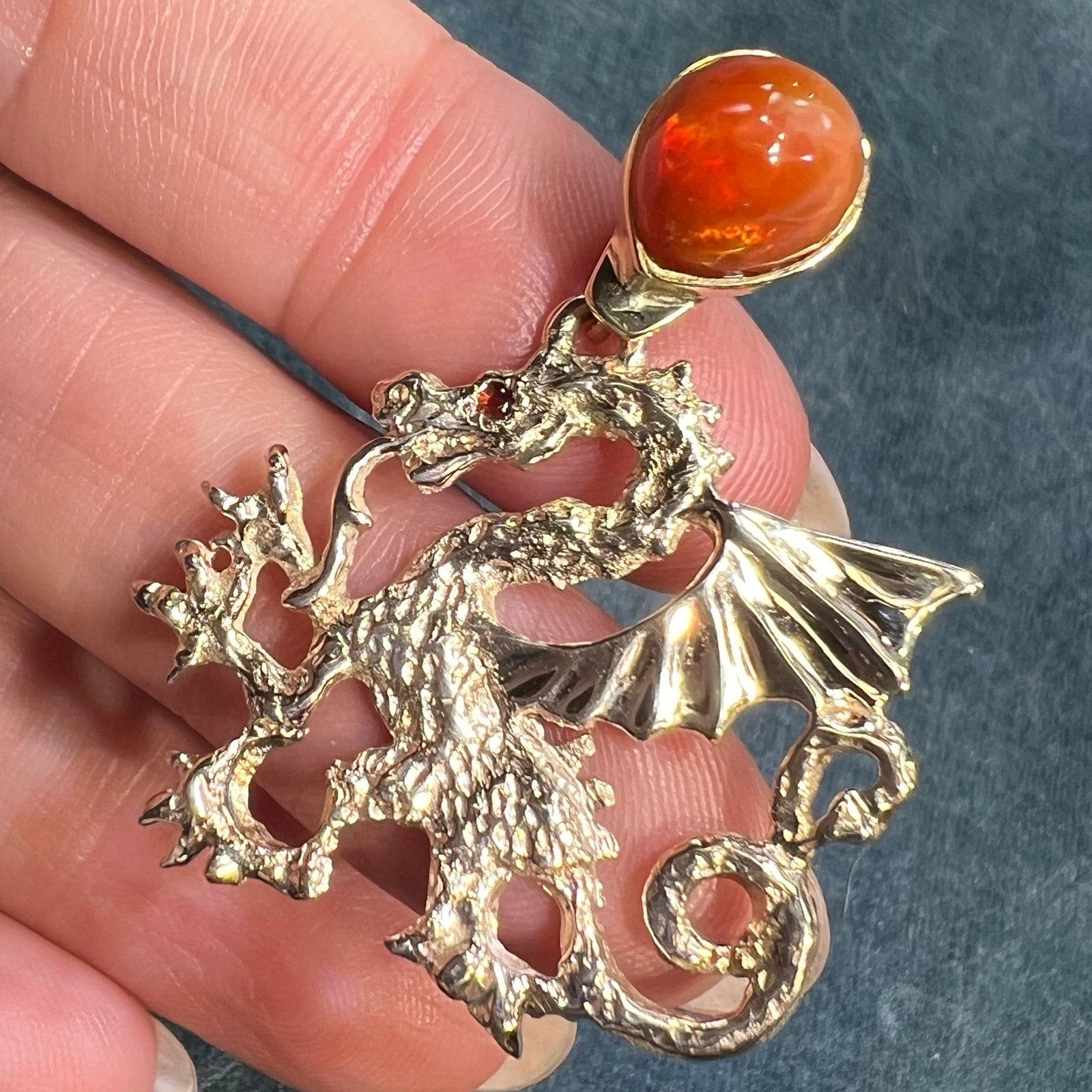 10k Yellow Gold Mexican Fire Opal "DRAGON" Pendant. 1.5" + 9g *Video*