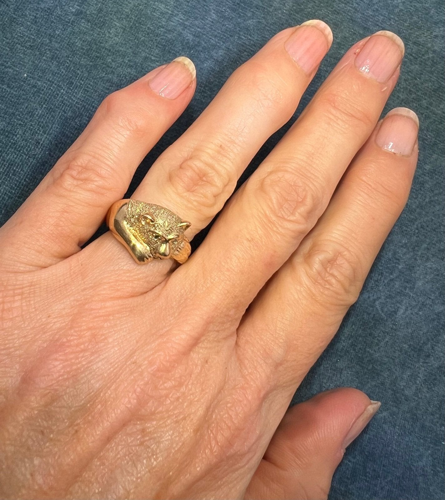 10k Yellow Gold PANTHER Cub ring with Green Diamond Eyes