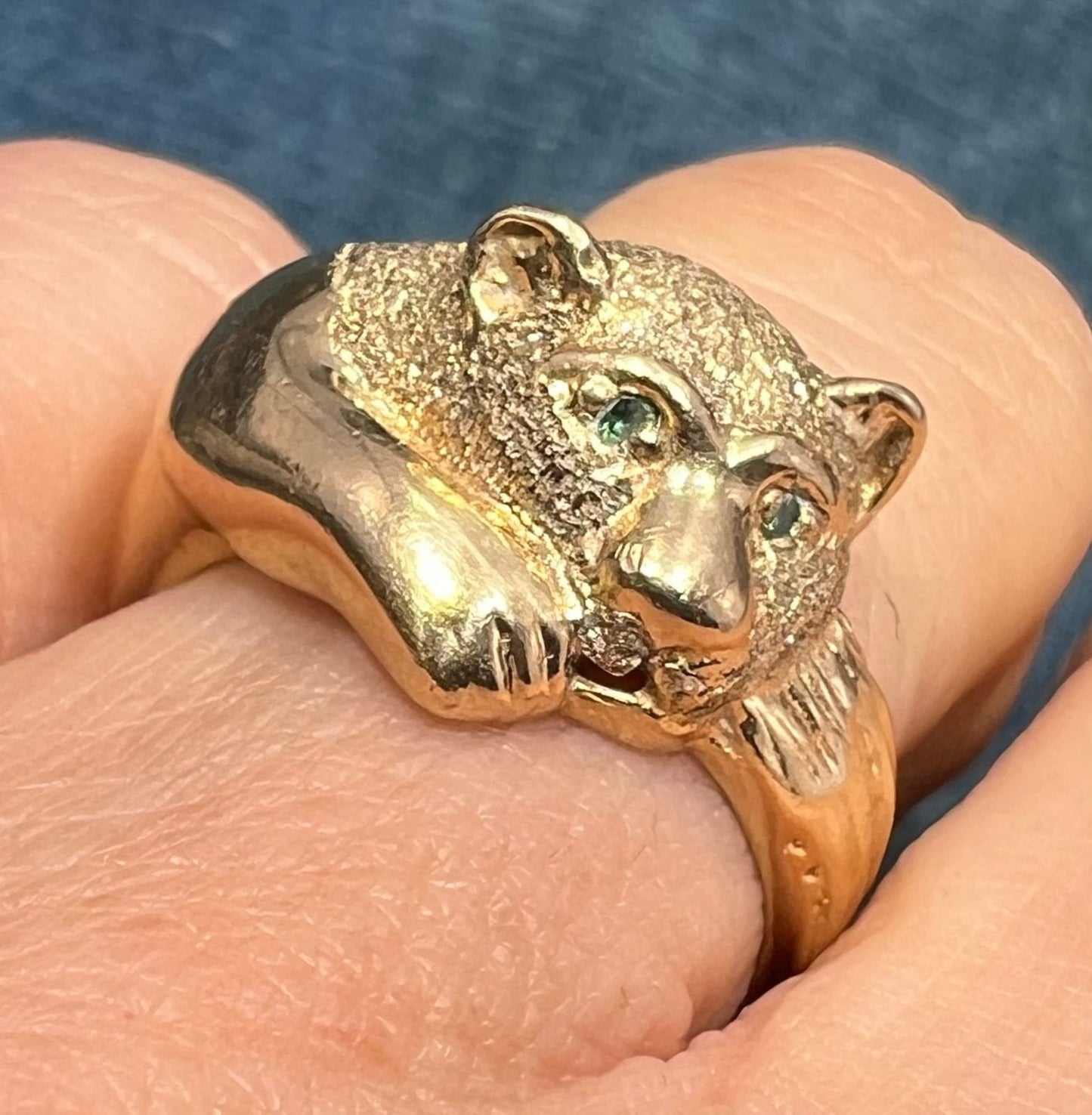 10k Yellow Gold PANTHER Cub ring with Green Diamond Eyes