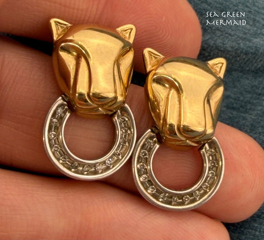 10k Yellow Gold PANTHER Earrings w 925 Sterling + Diamond Circles