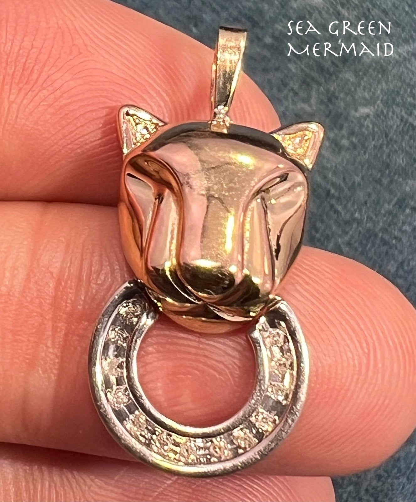 10k Yellow Gold PANTHER Pendant w 925 Sterling + Diamond Circle