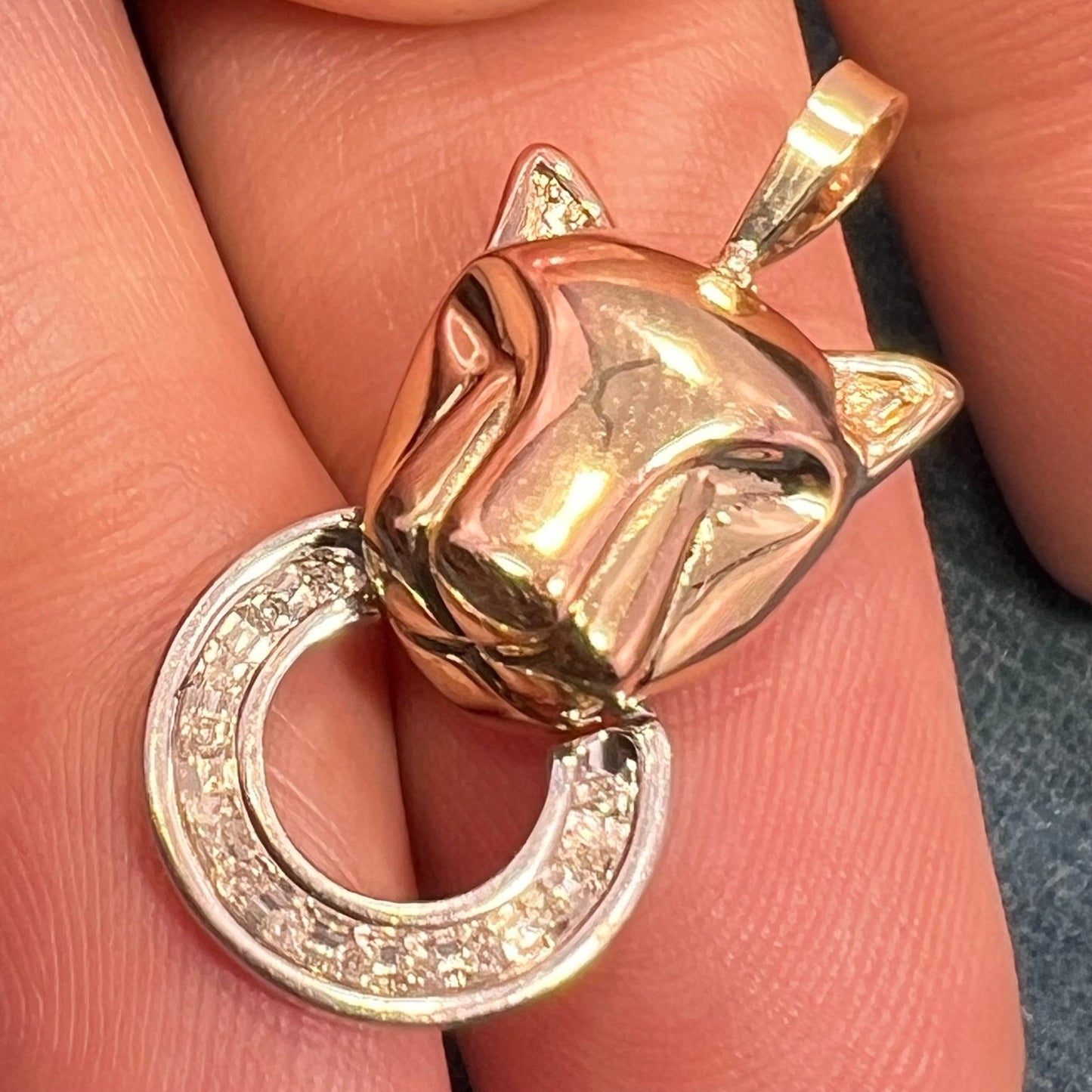 10k Yellow Gold PANTHER Pendant w 925 Sterling + Diamond Circle