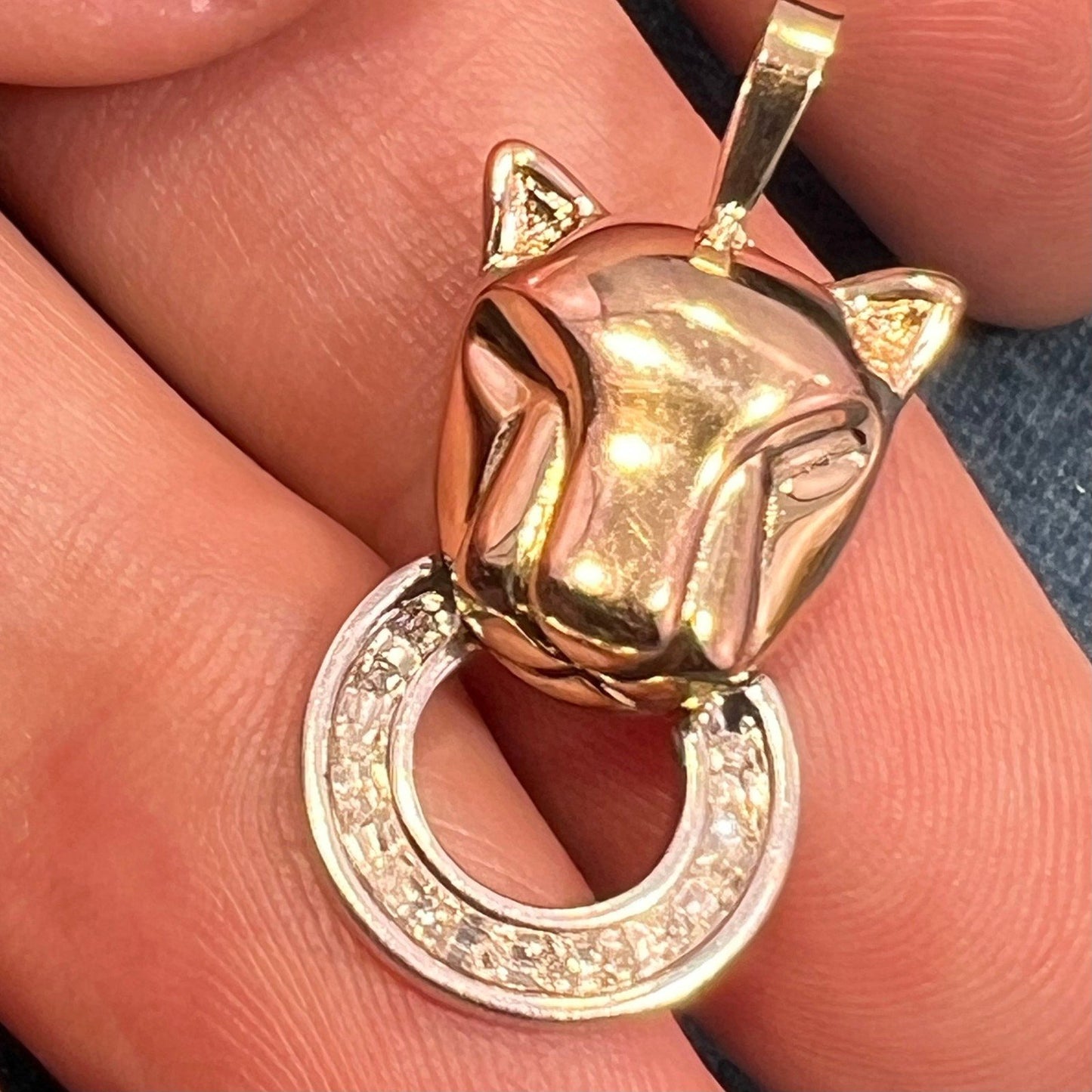 10k Yellow Gold PANTHER Pendant w 925 Sterling + Diamond Circle