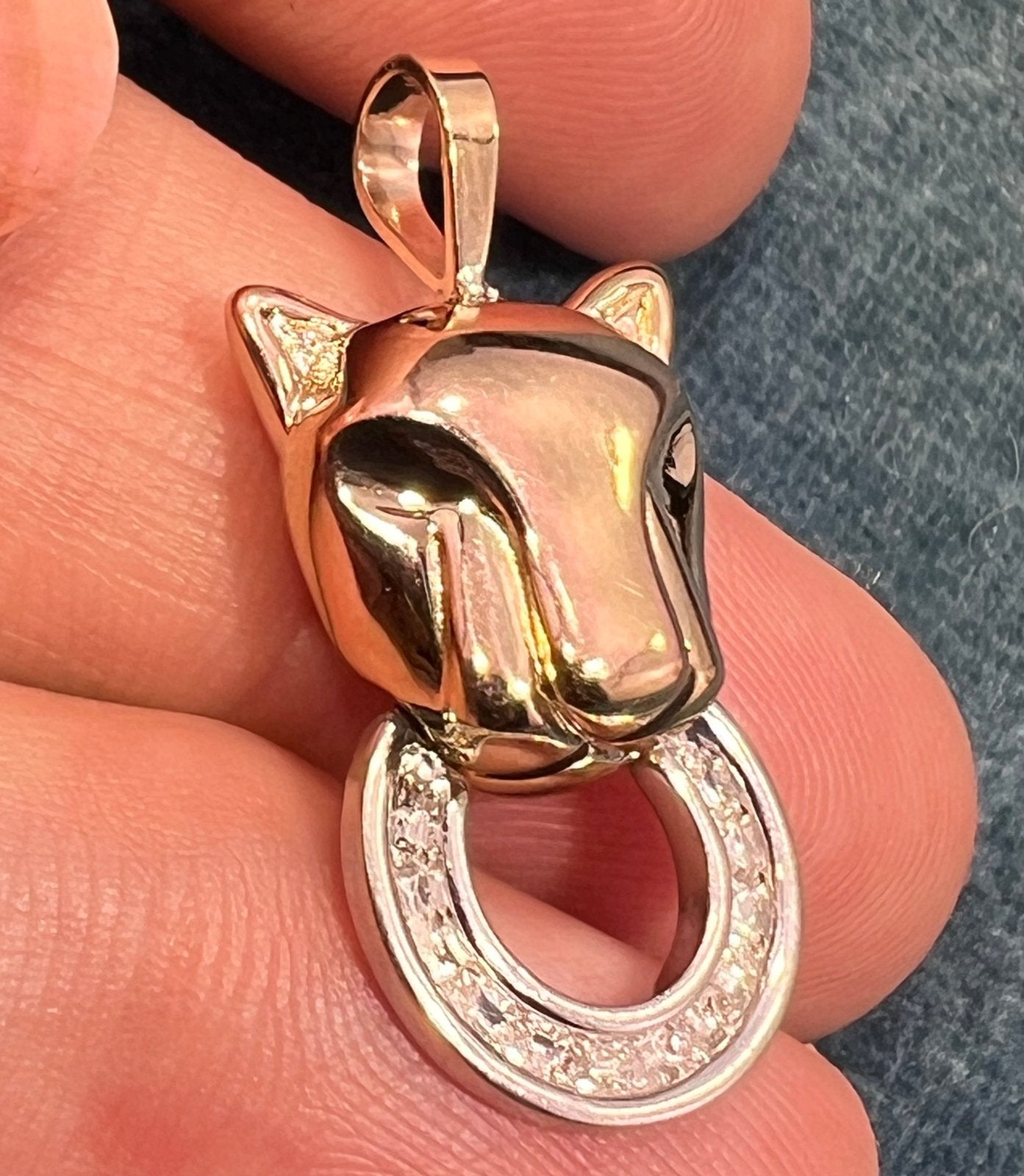 10k Yellow Gold PANTHER Pendant w 925 Sterling + Diamond Circle