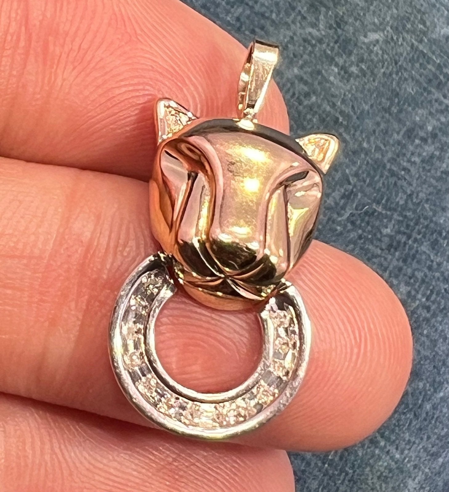 10k Yellow Gold PANTHER Pendant w 925 Sterling + Diamond Circle