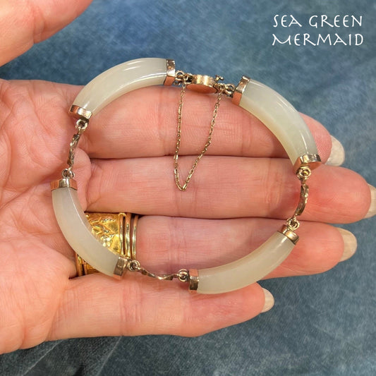 10k Yellow Gold Pale Green - White Jade Panel Bracelet. 16g